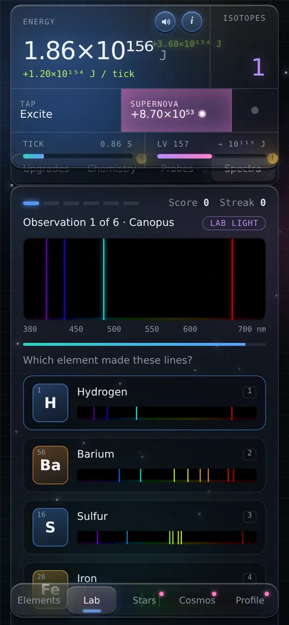 The Spectra screen: a star's emission lines and four element choices